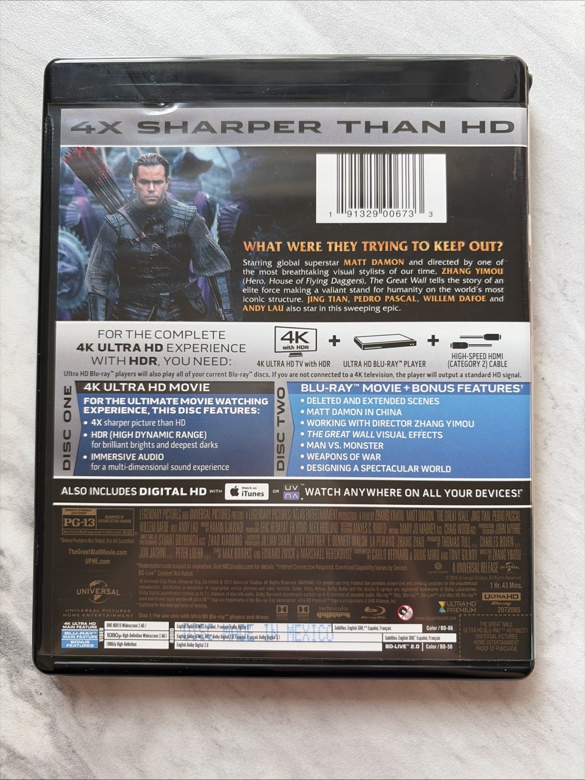 The Great Wall (4K Ultra HD, Blu-ray 2017) With Slipcover!! No Digital Code