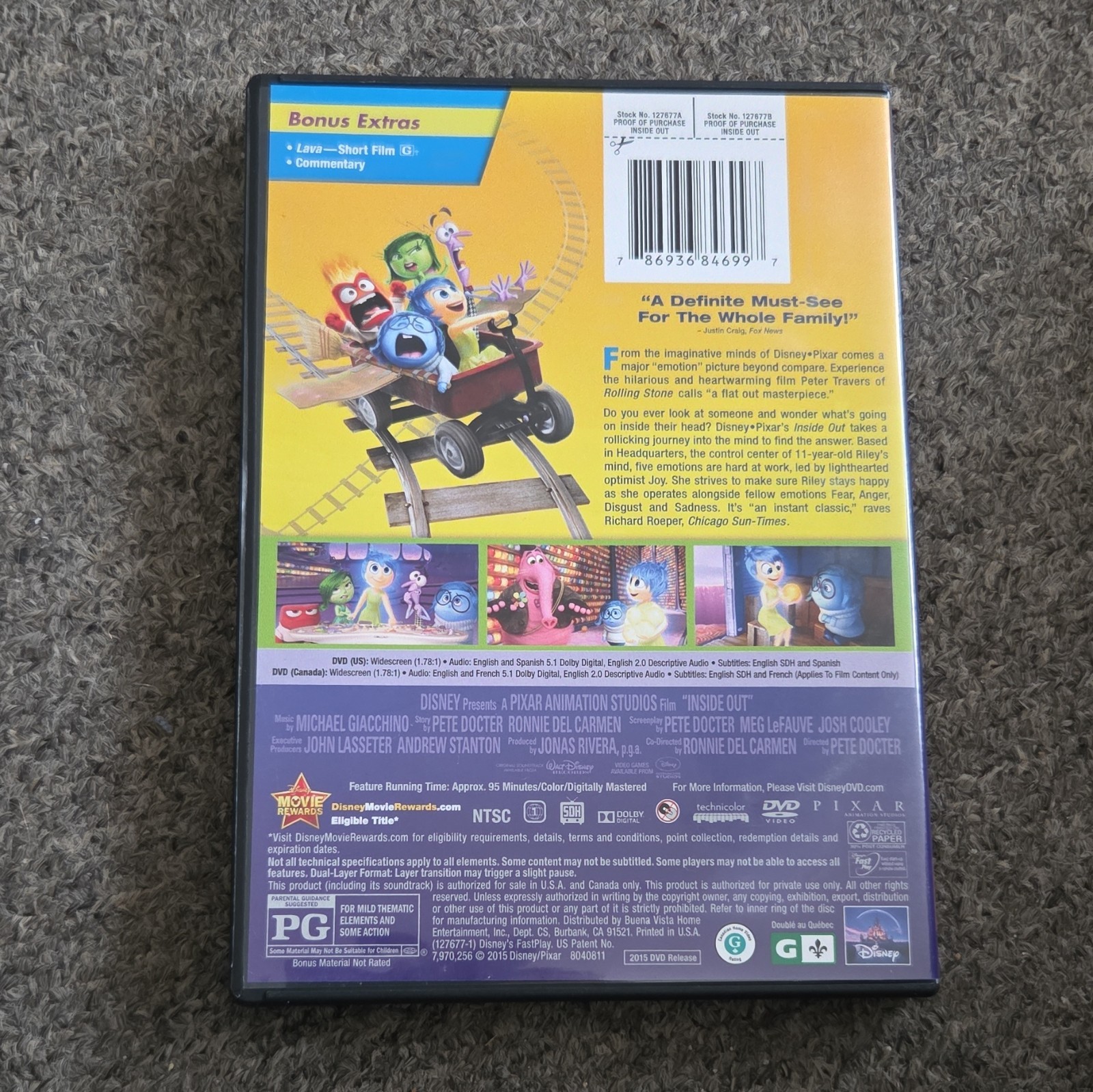 Disney Pixar Inside Out DVD 2015 NTSC PG 95 Min Commentary 1.78:1 Eng/Fr/Sp