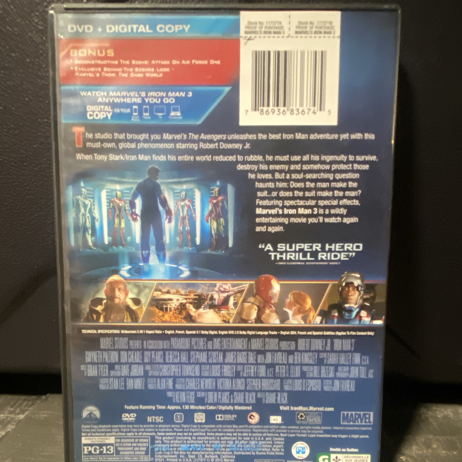 Marvel Iron Man 3 DVD 2013 PG-13 130 Min Eng/Fre/Spa Digital Copy
