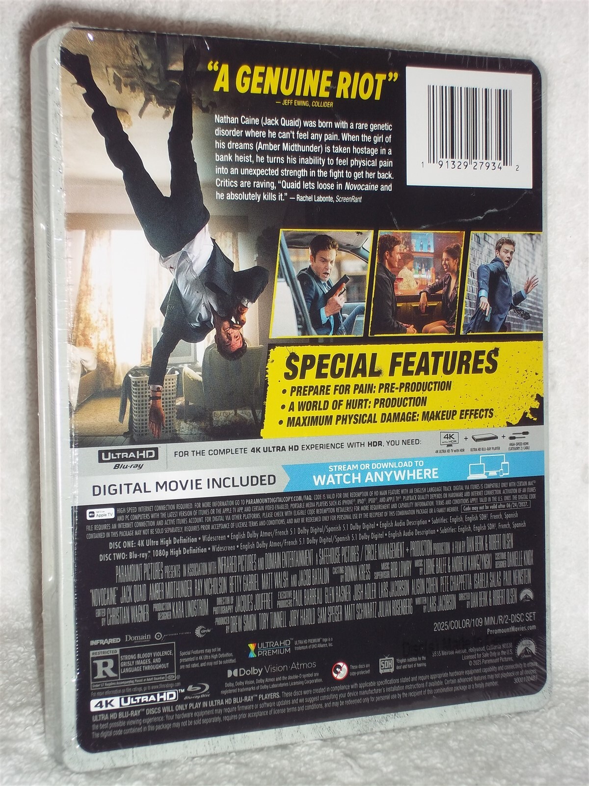 Novocaine (4K/Blu-ray, 2025, STEELBOOK) NEW Jack Quaid Amber Midthunder action