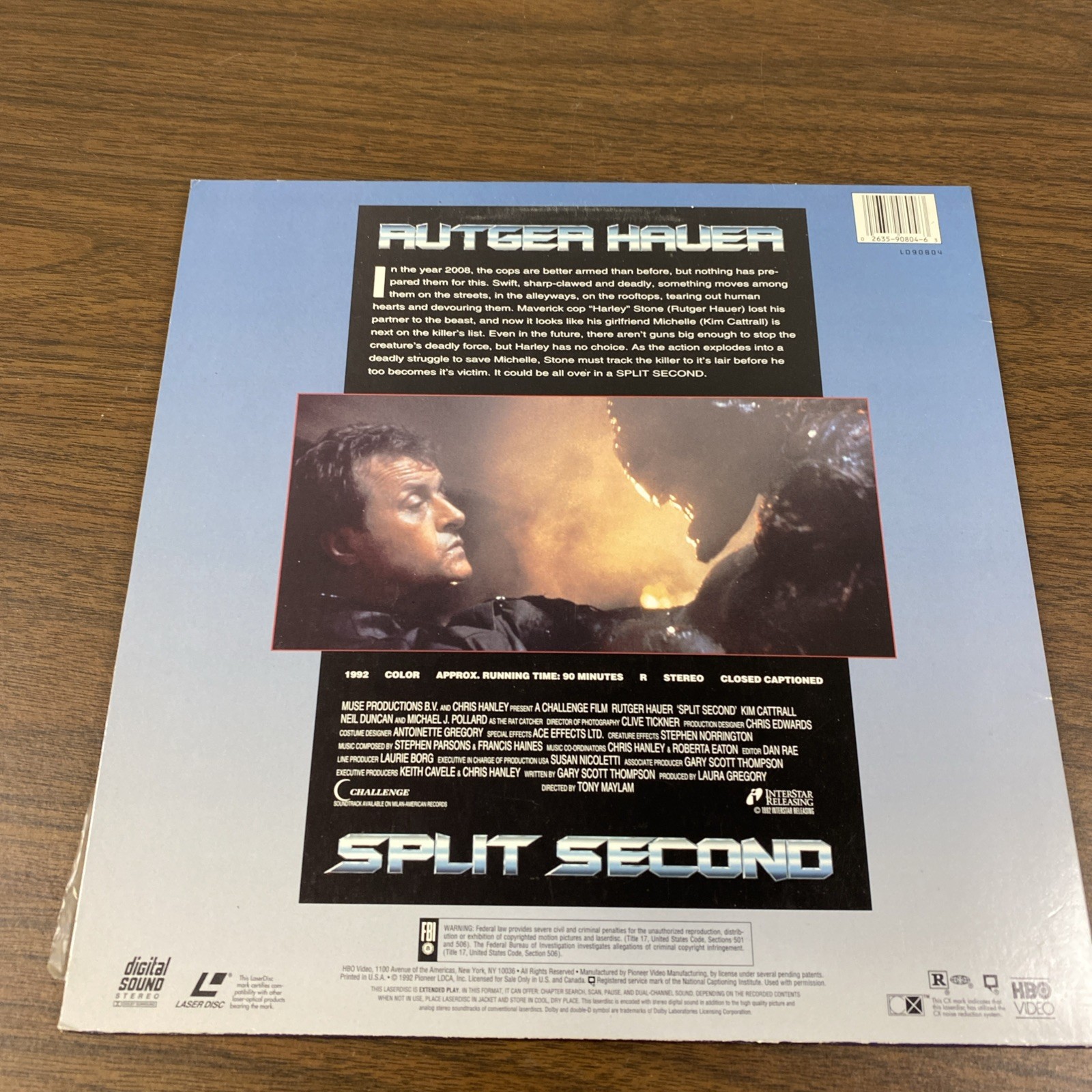 SPLIT SECOND Rutger Hauer 1992 HBO Video Laserdisc LD