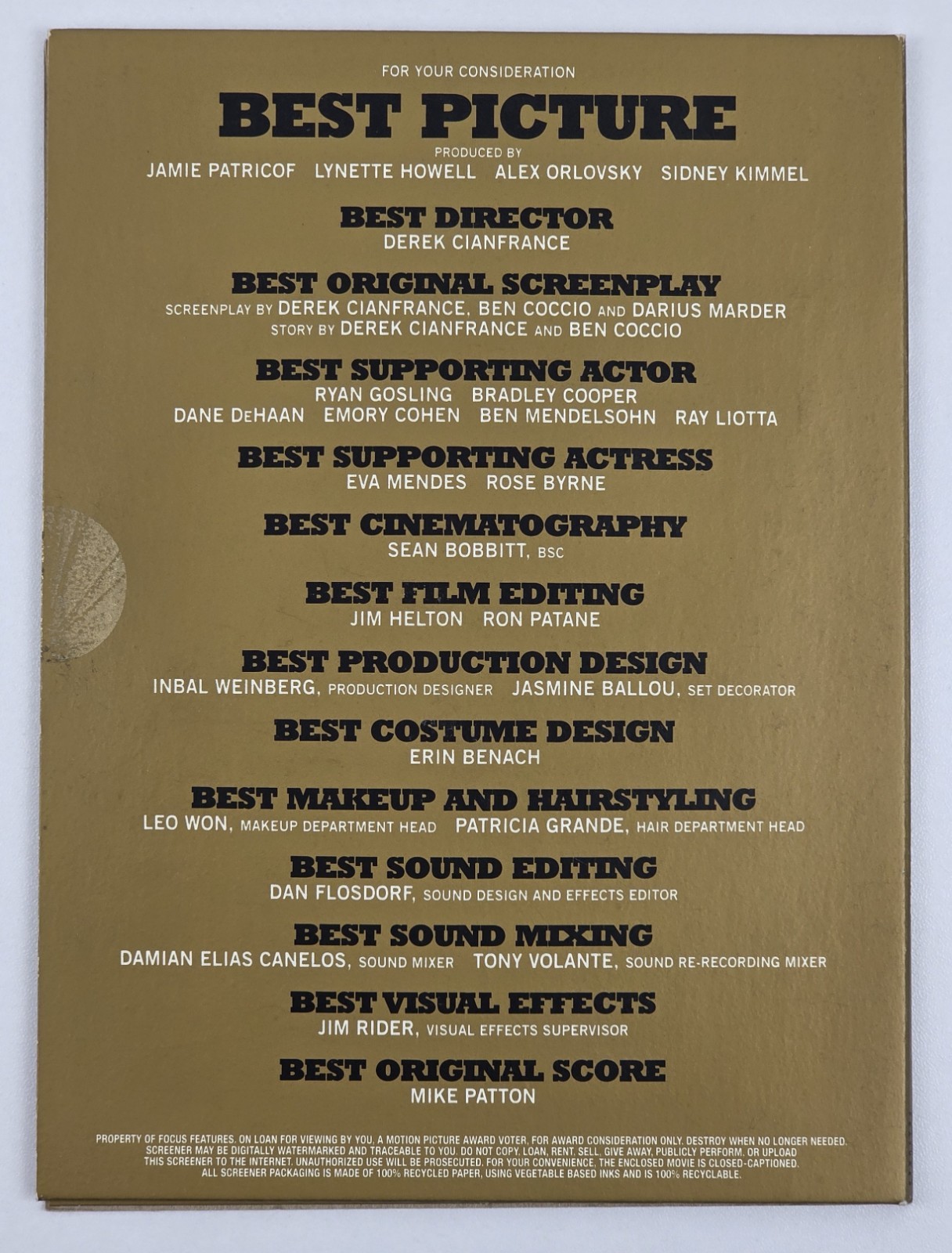 The Place Beyond the Pines FYC Awards Screener DVD Ryan Gosling Bradley Cooper