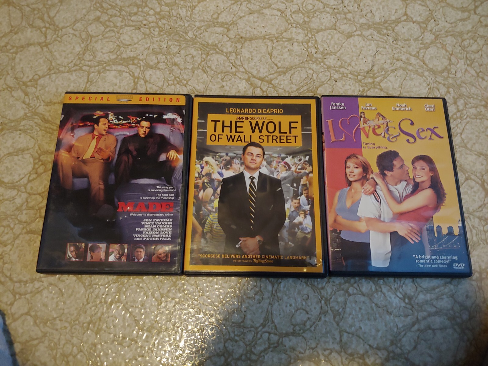 3 used Jon Favreau DVDs – Made, Love & Sex, Wolf of Wall Street – Famke Janssen