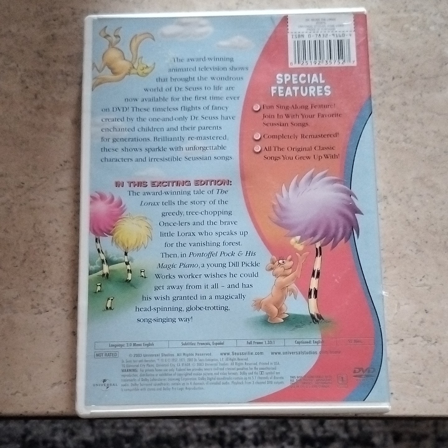 Universal Dr. Seuss The Lorax DVD Remastered Sing-Along 2003 NR 1.33:1