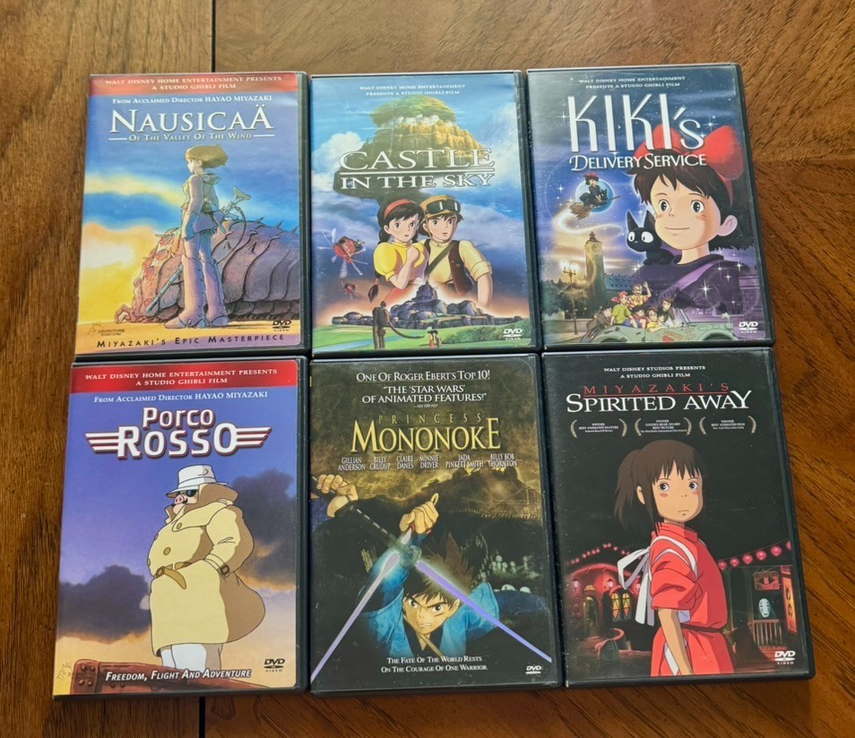 (x6) Miyazaki Ghibli DVD Lot Mononoke Nausicaa Kiki Spirited Away Porco Castle