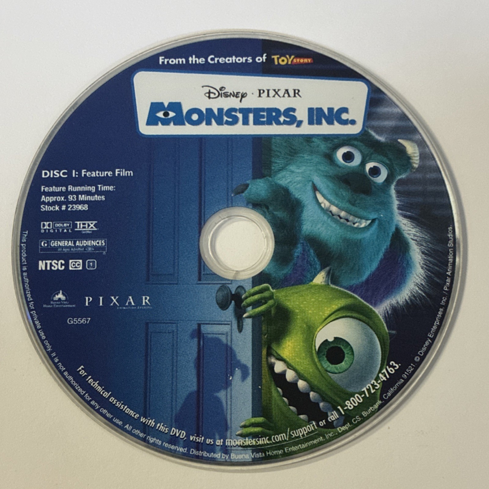 Disney Pixar Monsters, Inc. DVD 93 min. NTSC Feature Film G Rated
