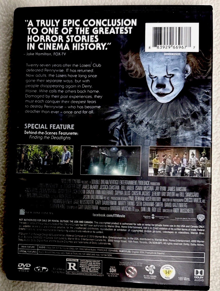 Stephen King “IT” Chapter 1 & 2 DVD Set Horror -Bill Skarsgard-Finn Wolfhard