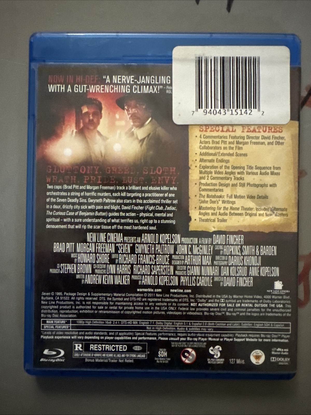 Seven (Blu-ray, 1995) Brad Pitt, Morgan Freeman