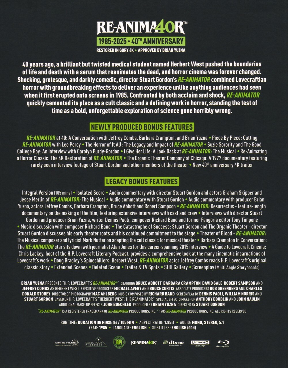 Re-Animator 4K Standard Edition UHD Blu-ray [1985] Slip Sleeve Cover – ShpNxtDay