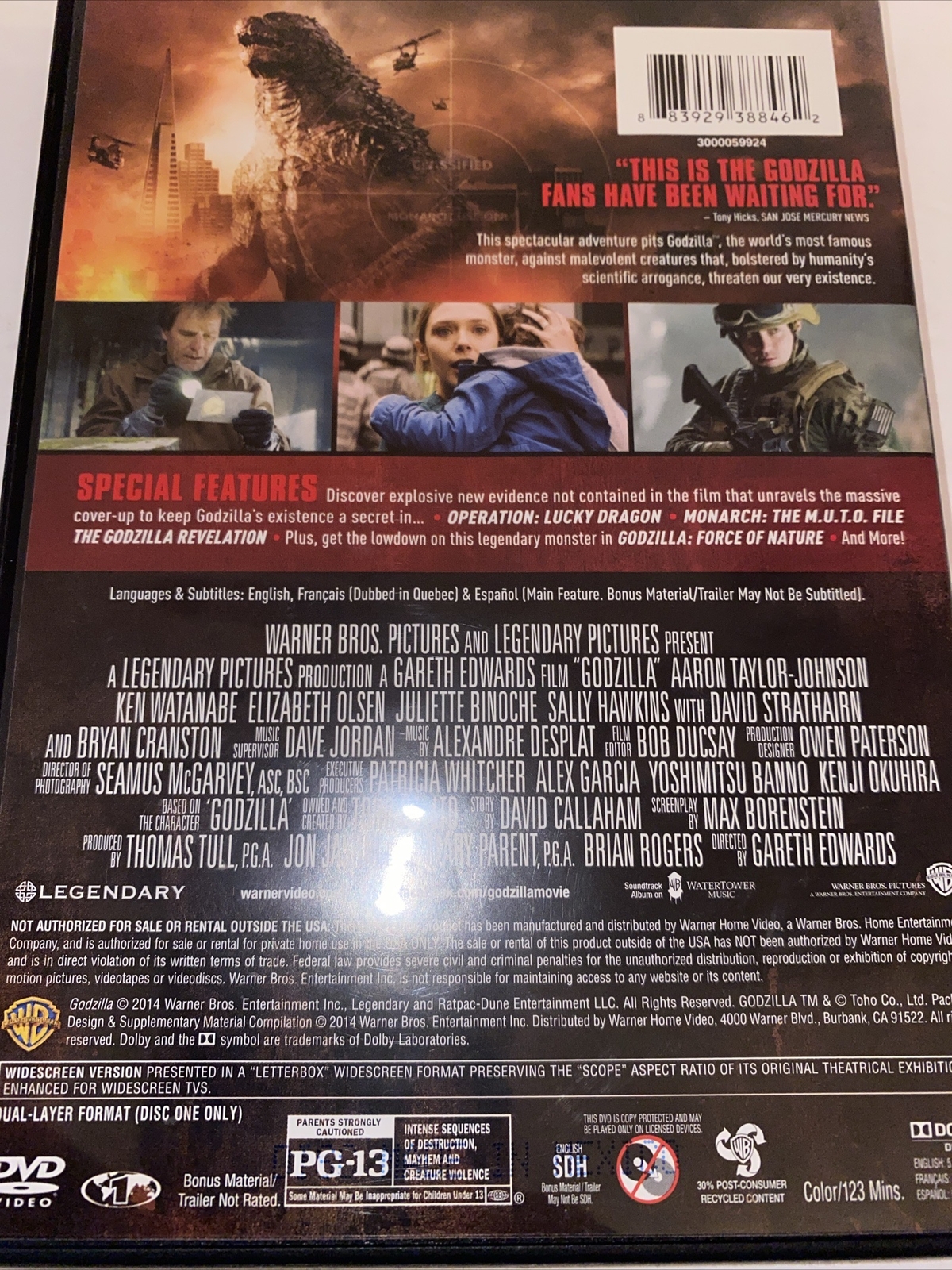 GODZILLA DVD 2014 with Bonus Disc Aaron Taylor-Johnson Gareth Edwards TOHO