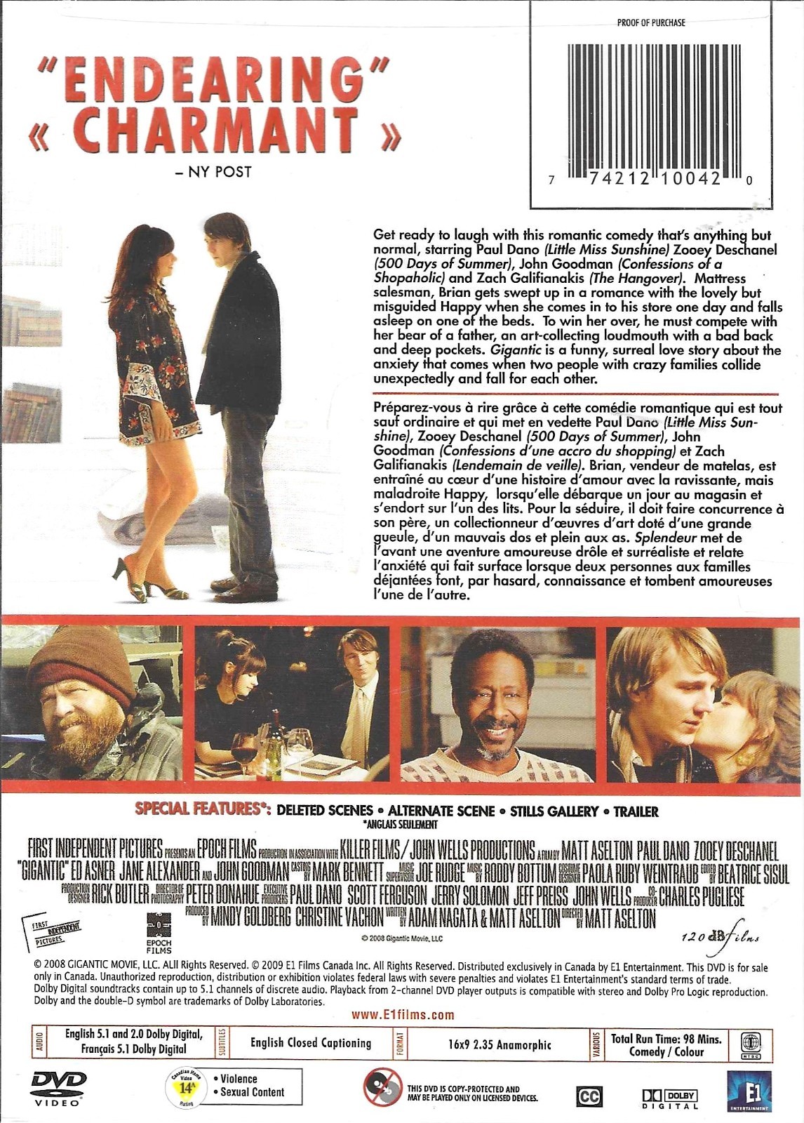 Gigantic – Paul Dano Zooey Deschanel John Goodman Ed Asner Jane Alexander DV