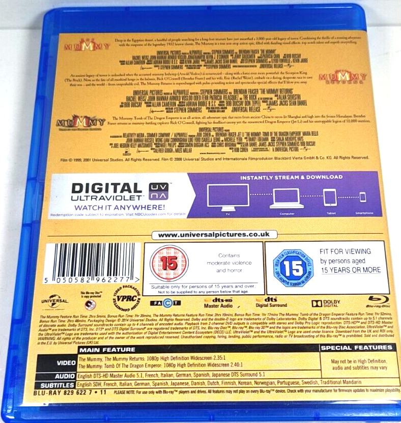 The Mummy: Trilogy 3 Film Collection Blu-Ray Set Digital Ultraviolet UK IMPORT