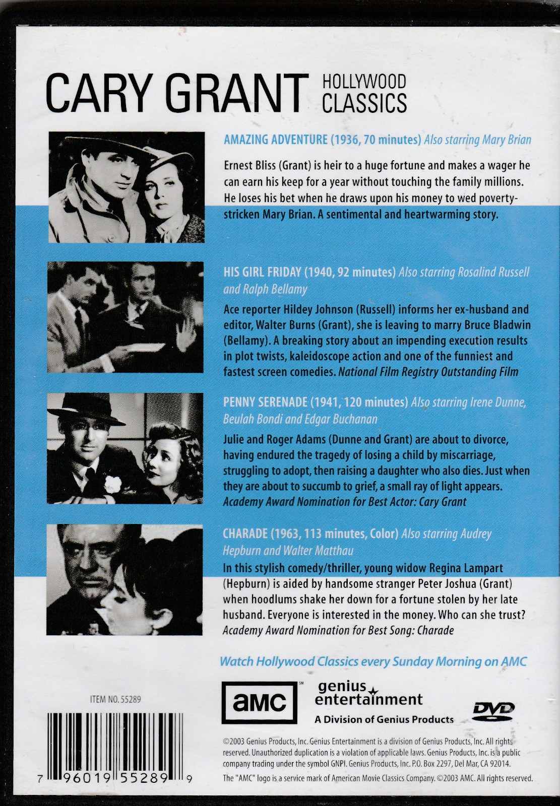 AMC CARY GRANT DVD SET Charade HIS GIRL FRIDAY Penny Serenade + TO CATCH A THIEF