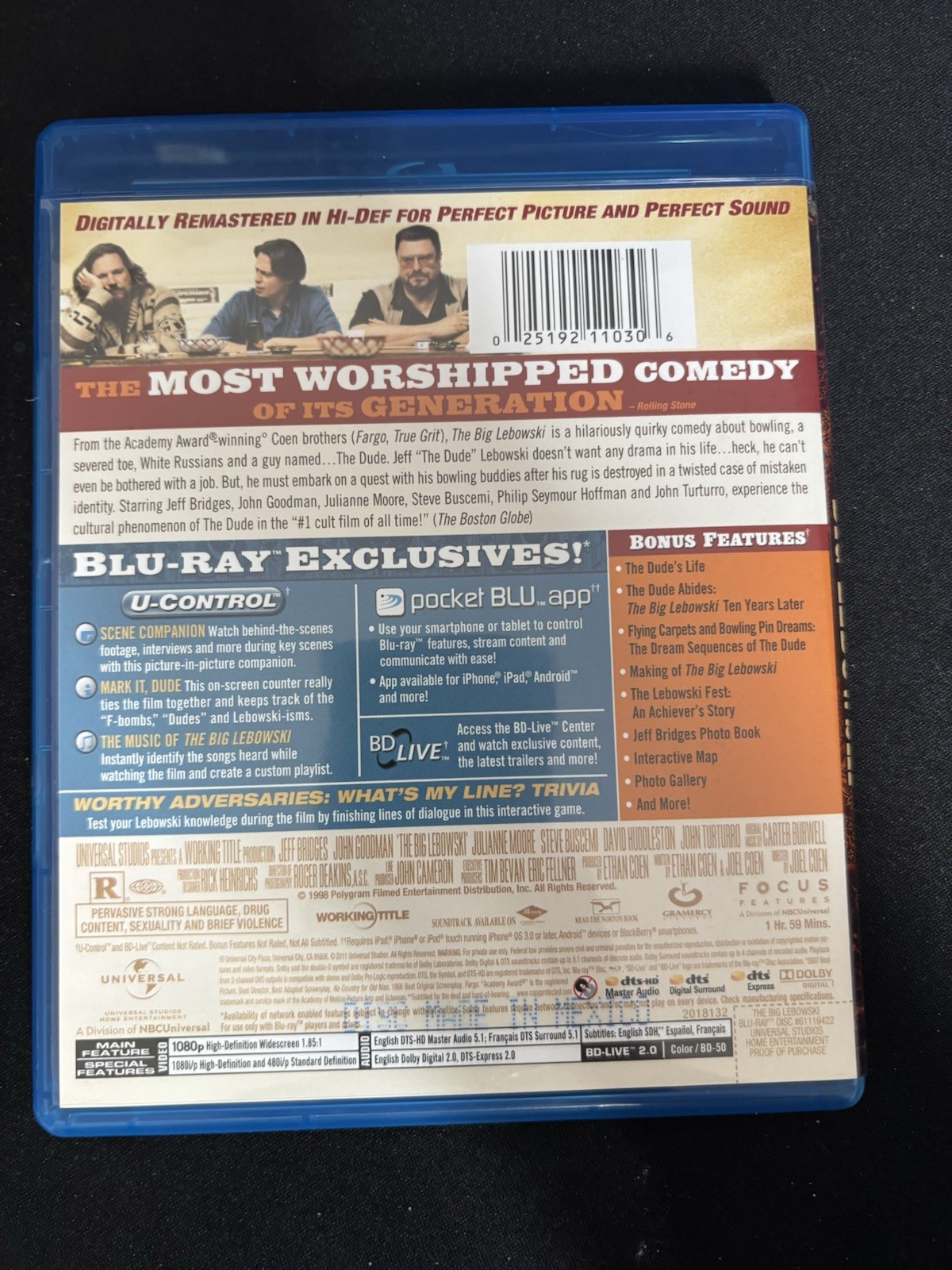 The Big Lebowski Blu-ray Digitally Remastered, Jeff Bridges, Coen Bros, Focus F…