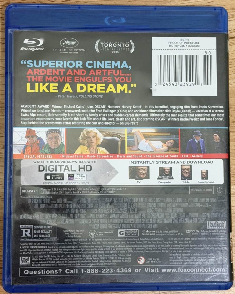 Youth (Blu-ray, 2015) Michael Caine, Harvey Keitel, Rachel Weisz
