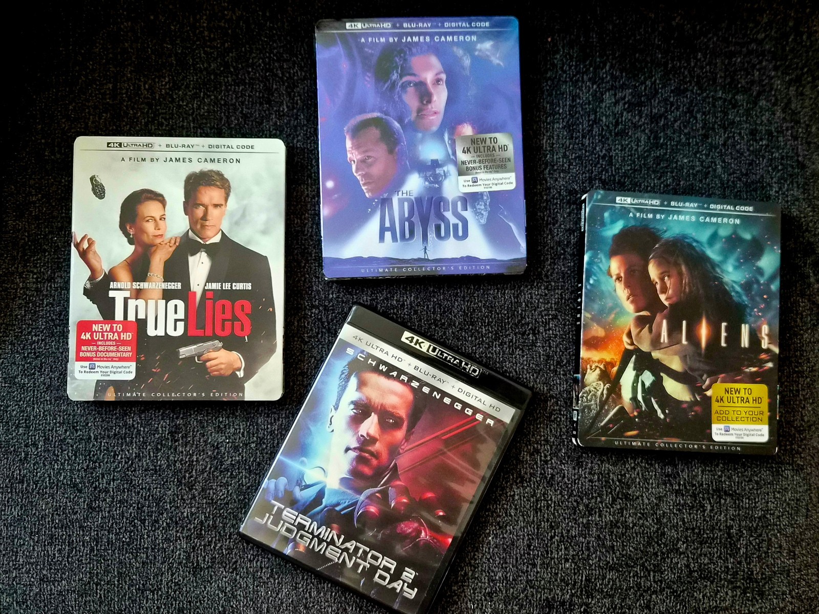 James Cameron 4K UHD Lot – True Lies, Aliens, Abyss UCE Steelbooks + T2