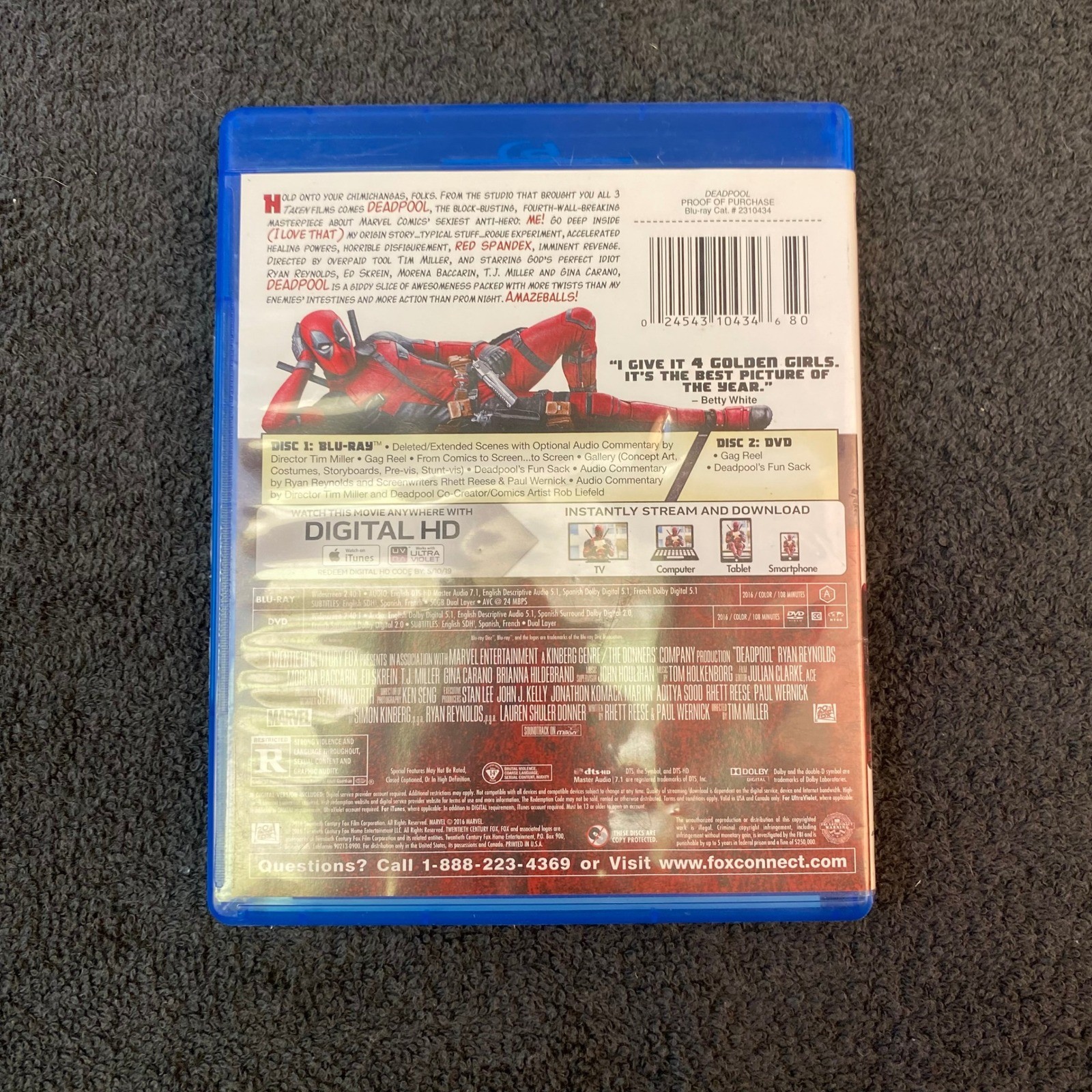 Deadpool Blu-ray DVD Digital HD Marvel Ryan Reynolds 2-Disc Set 2016