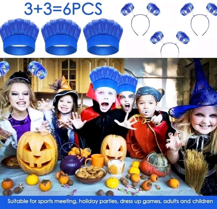 6pcs Blue Hair Costume Sport Fans Wild Hair Troll Wig Party 3 Hair + 3 Headbands