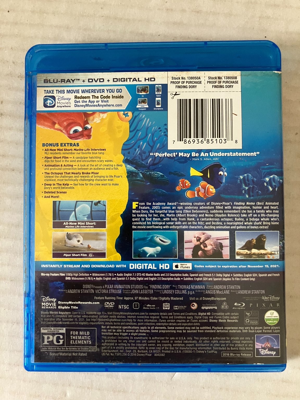 Finding Dory Blu-ray 2016 Andrew Stanton Disney Pixar Combo Pack