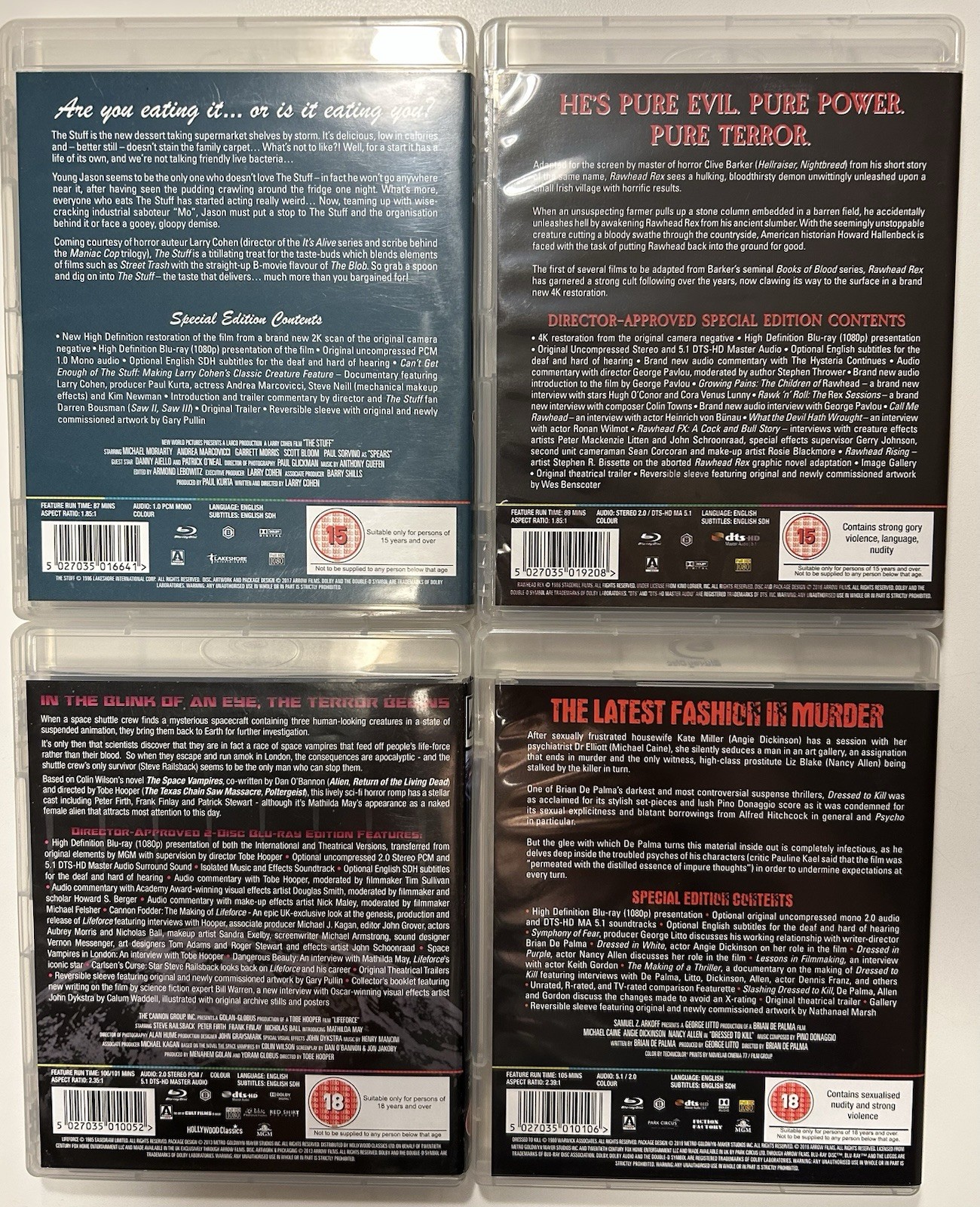 Arrow Video Blu-ray Lot of 8 Region B (Giallo, Fukusaku, De Palma, Carpenter)