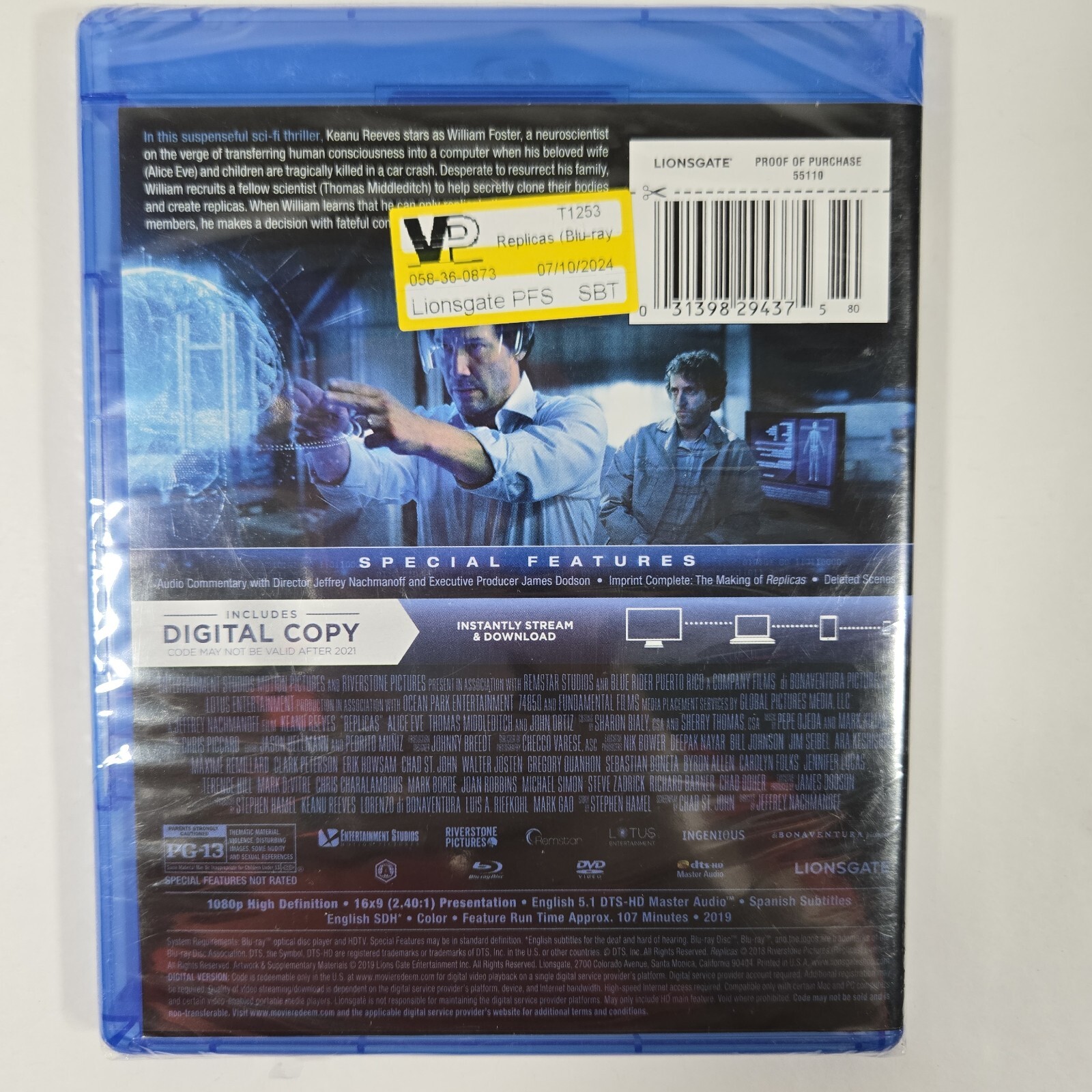 Replicas (Blu Ray+DVD+Digital) Keanu Reeves 2019 PG-13 New