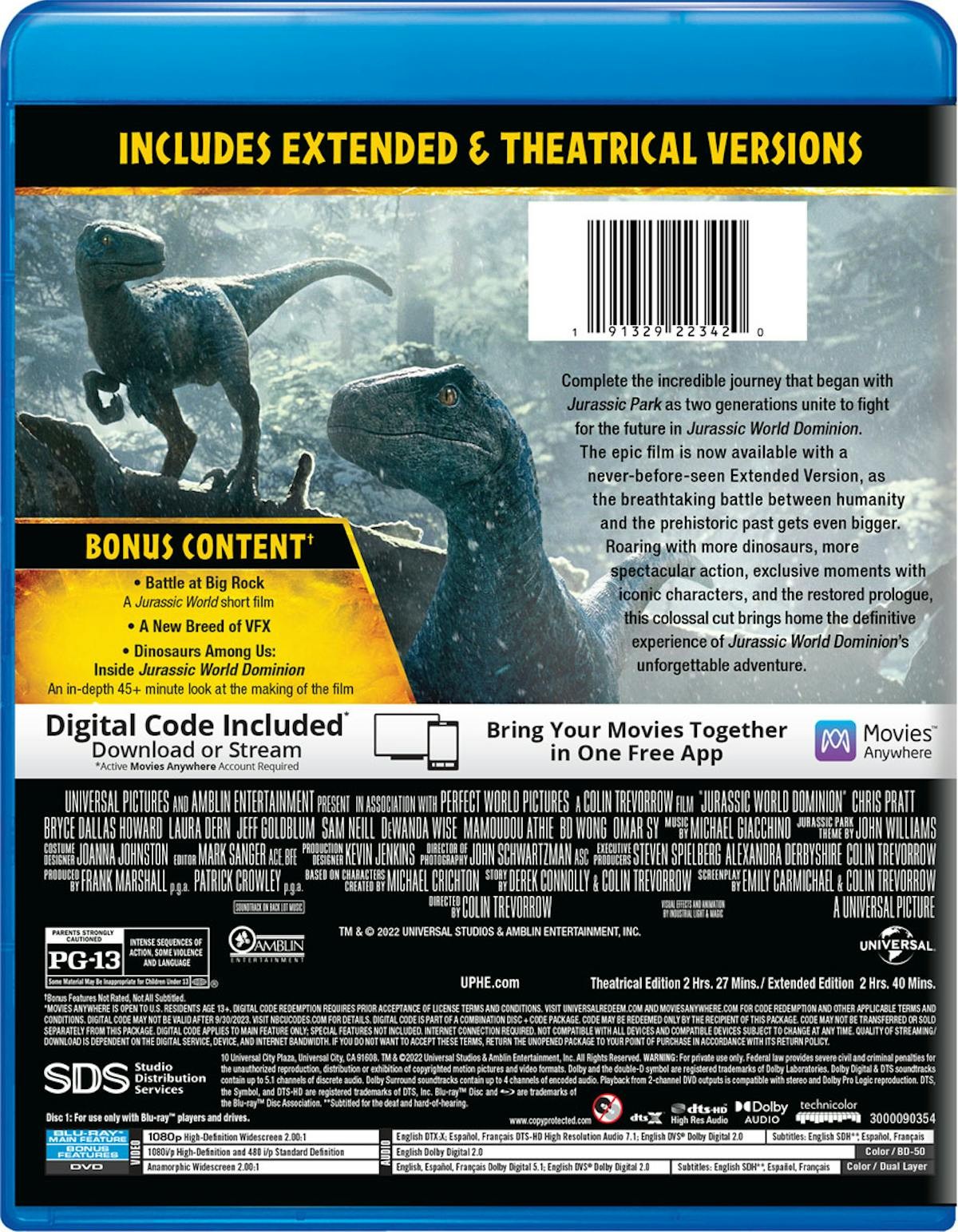 Jurassic World Dominion Blu-ray Bryce Dallas Howard NEW