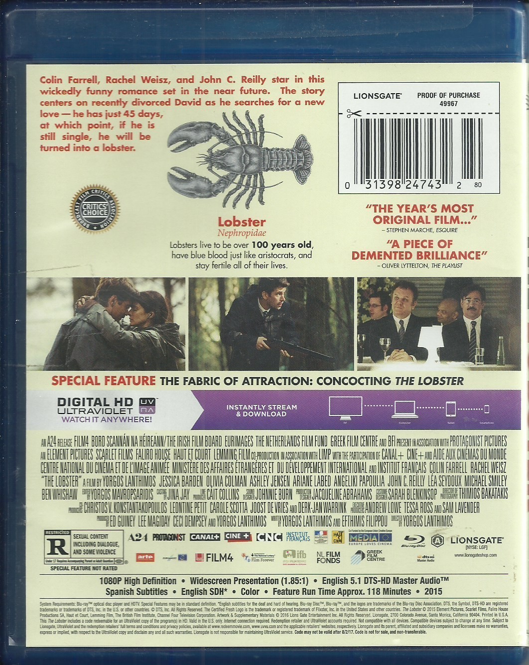 The Lobster [Blu-ray, 2015] Colin Farrell Rachel Weisz No Digital