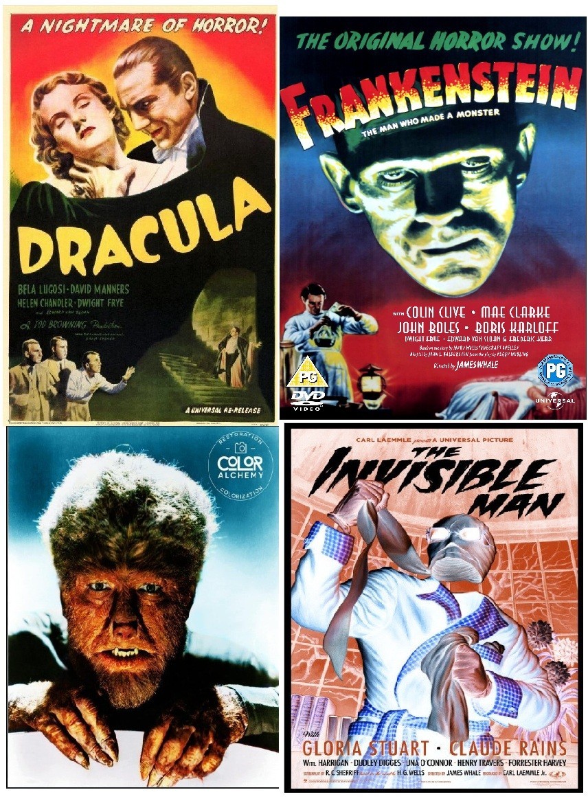 4 “colorized” dvd movies, Frankenstein, Dracula, Invisible Man, Wolf Man