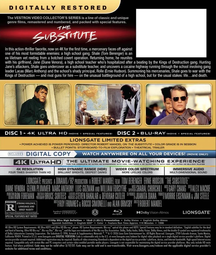 The Substitute 4K Vestron Collectors Series #37 Blu-ray + Slip Sleeve Cover 1996