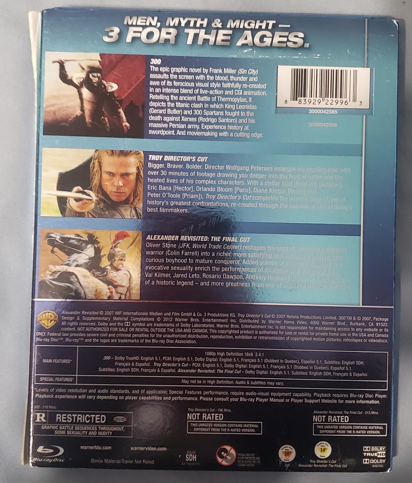 300 + Troy + Alexander Revisited Blu-ray Triple Feature | Bluray Disc Only Set