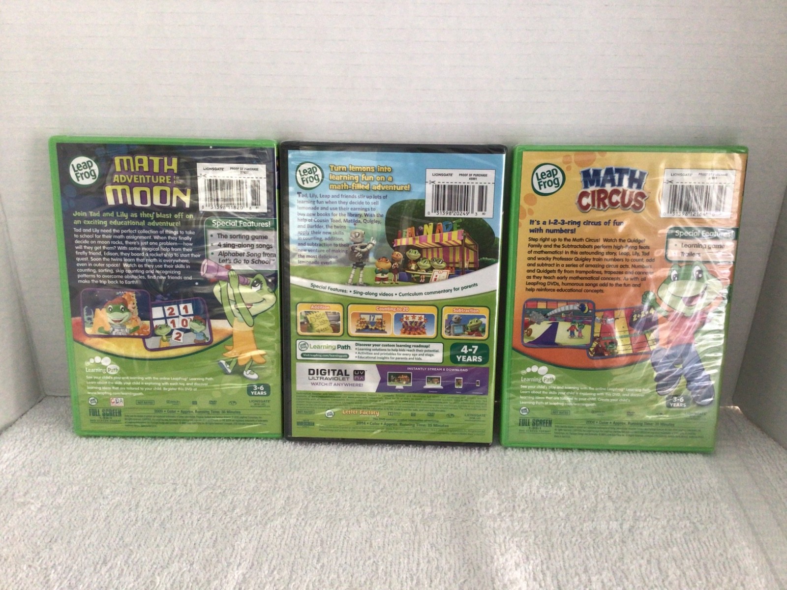 Leap Frog DVD Lot Math Adventure to Moon, Math Circus, Counting on Lemonade