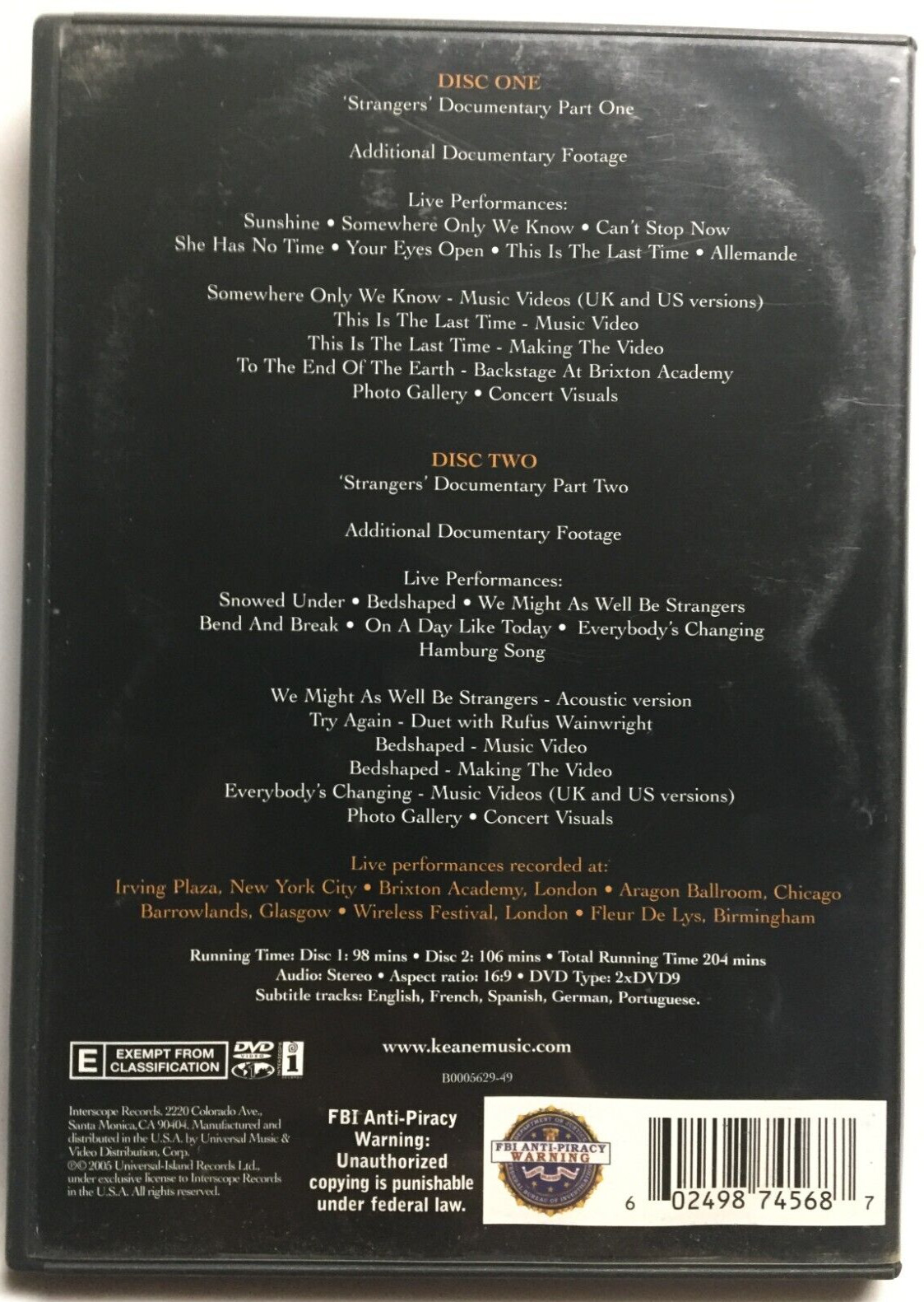 Keane – Strangers (DVD, 2005 ,2-Disc Set, Widescreen) 204 Minutes, Great Shape!