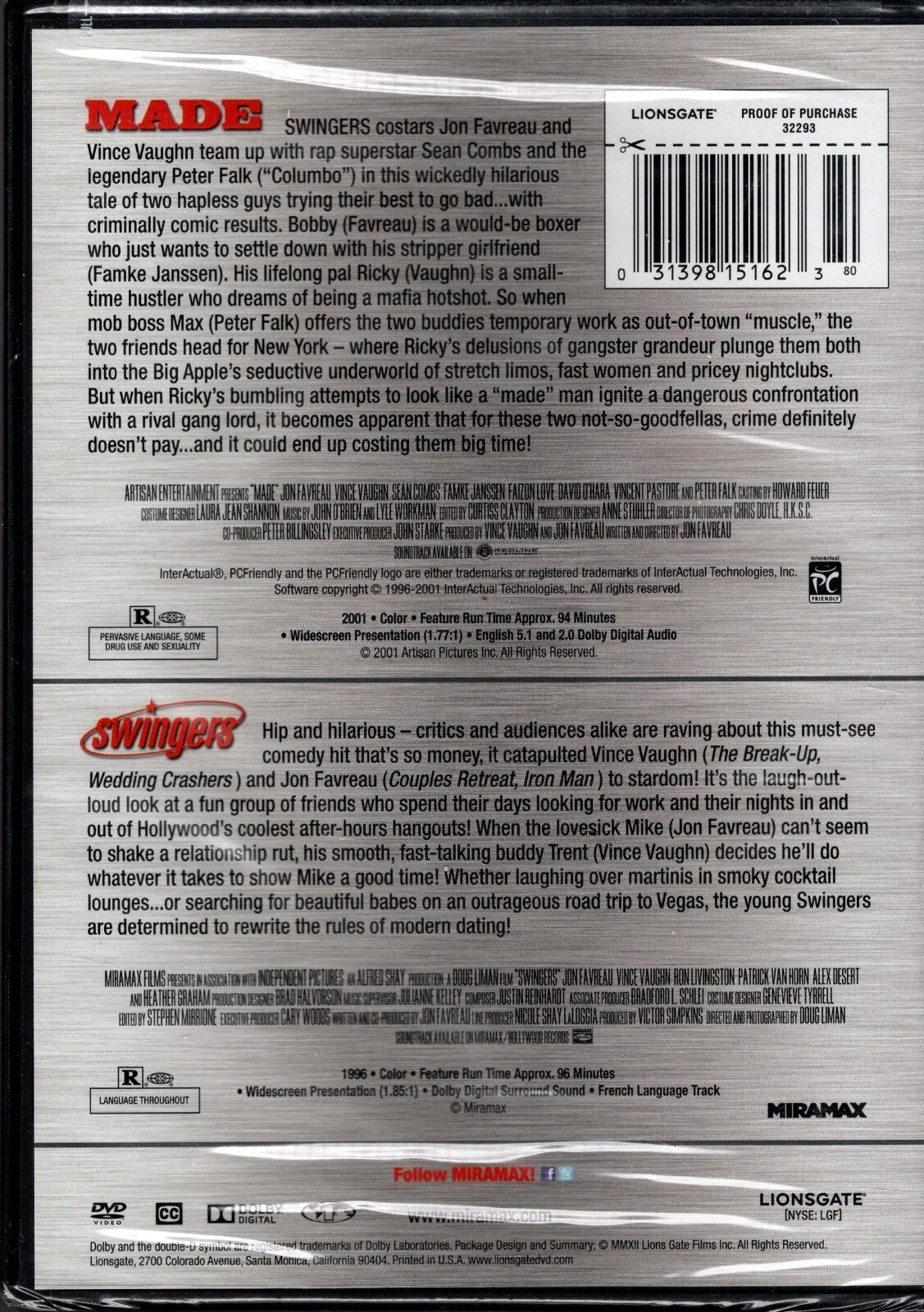 JON FAVREAU/ VINCE VAUGHN “MADE/ SWINGERS” DVD 2012 miramax sealed