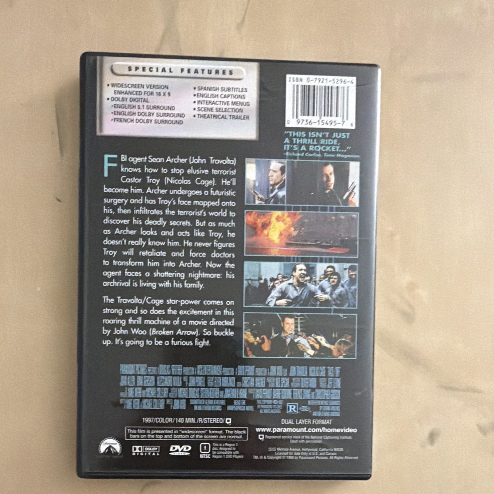 Face/Off Widescreen DVD R 1997 140 min Travolta Cage John Woo Eng/Sp Subs