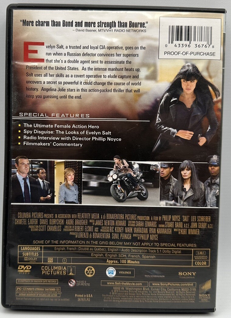 Salt DVD Angelina Jolie Liev Schreiber Theatrical Edition Free Shipping 2010