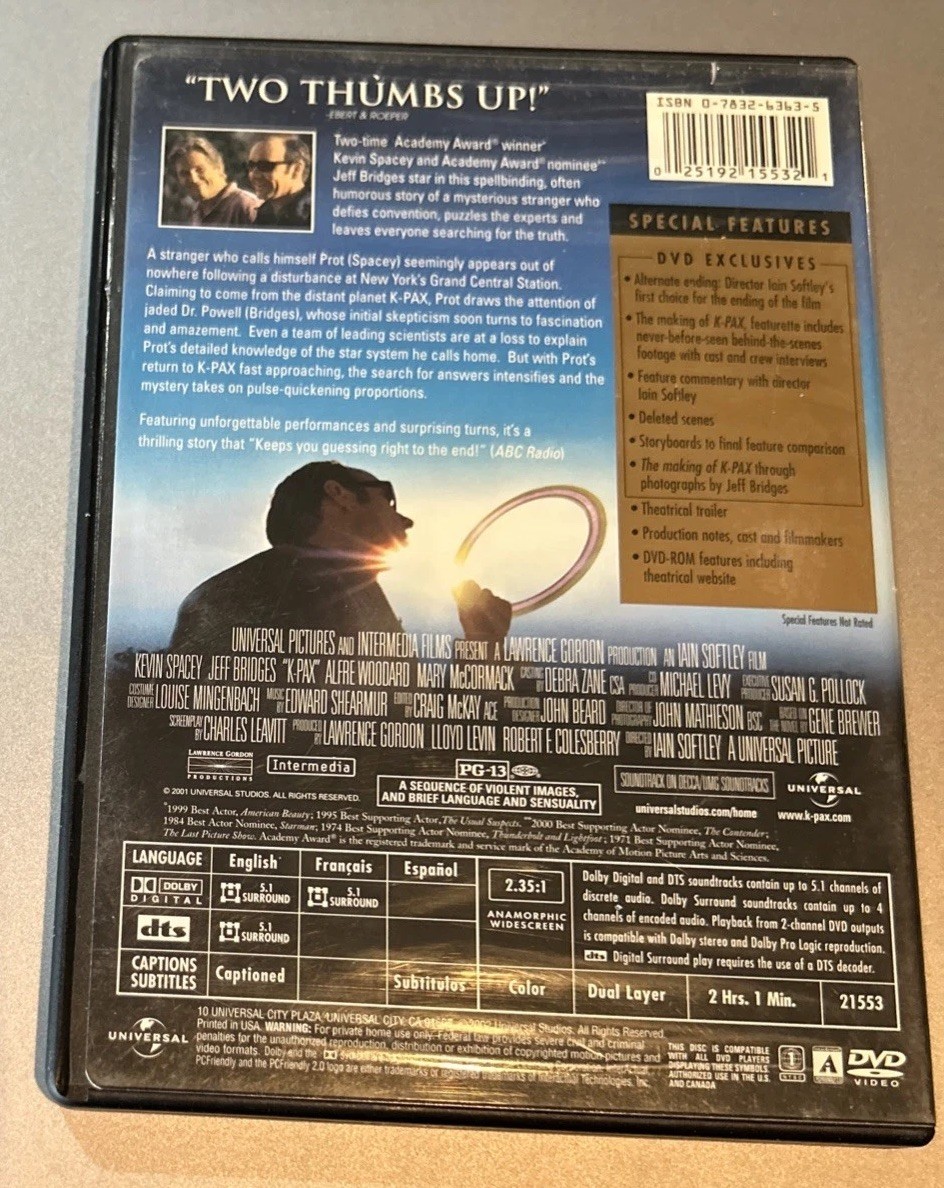 K-Pax (DVD, 2001) Kevin Spacey Jeff Bridges Movie