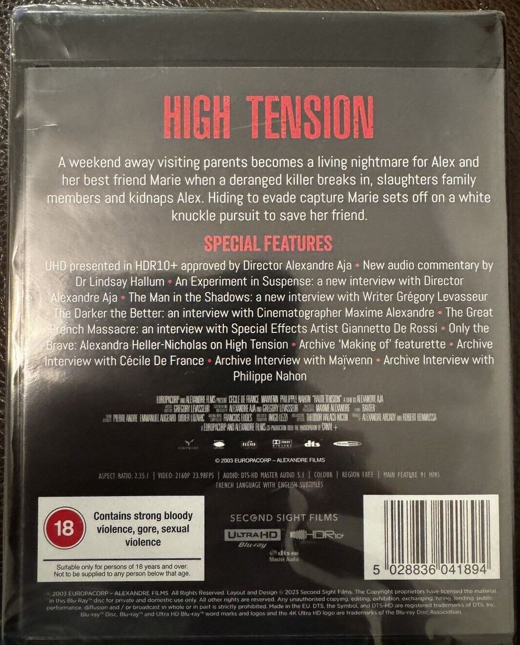 HIGH TENSION (2003) 4K UHD Blu-Ray Standard Edition BRAND NEW (USA Compatible)