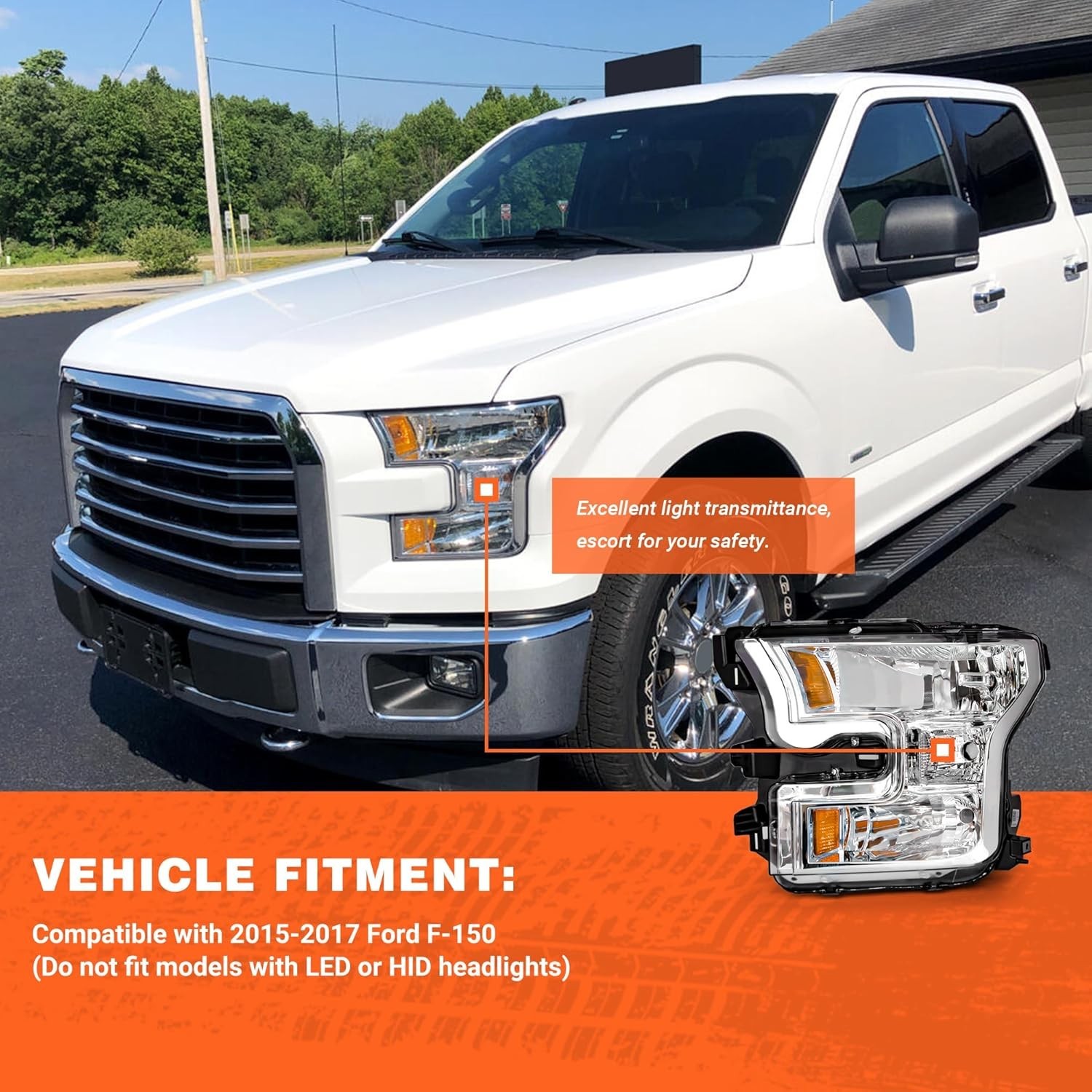 Headlight Assembly for 2015 2016 2017 Ford F150 with Chrome Housing Amber Reflec