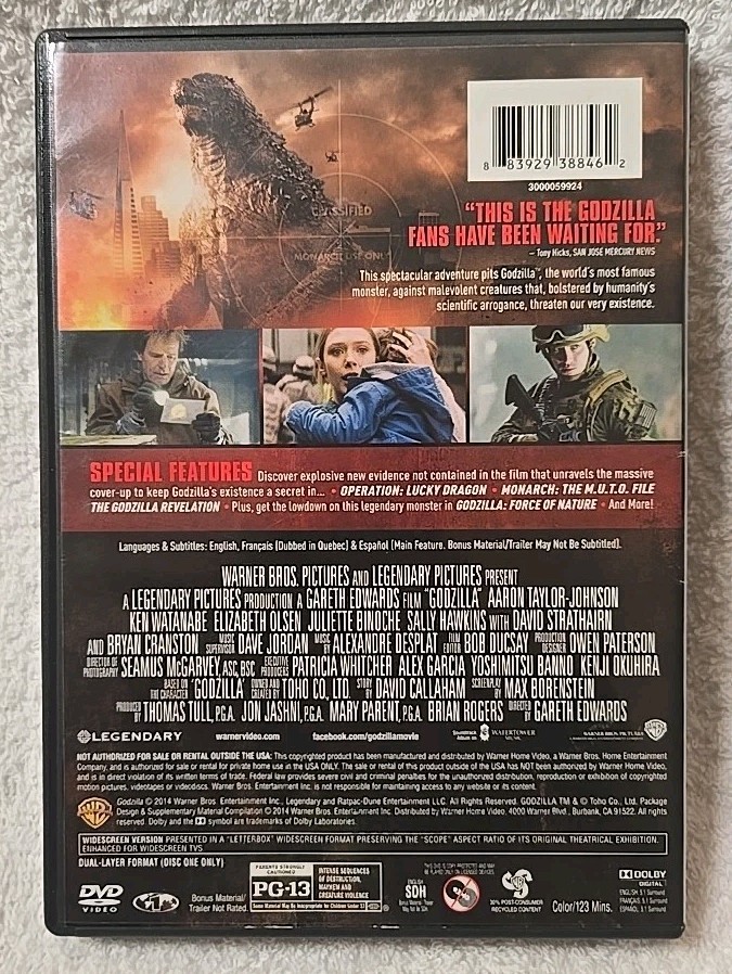 Godzilla (2014 Warner Brothers DVD, Gareth Edwards PG-13) Elizabeth Olson