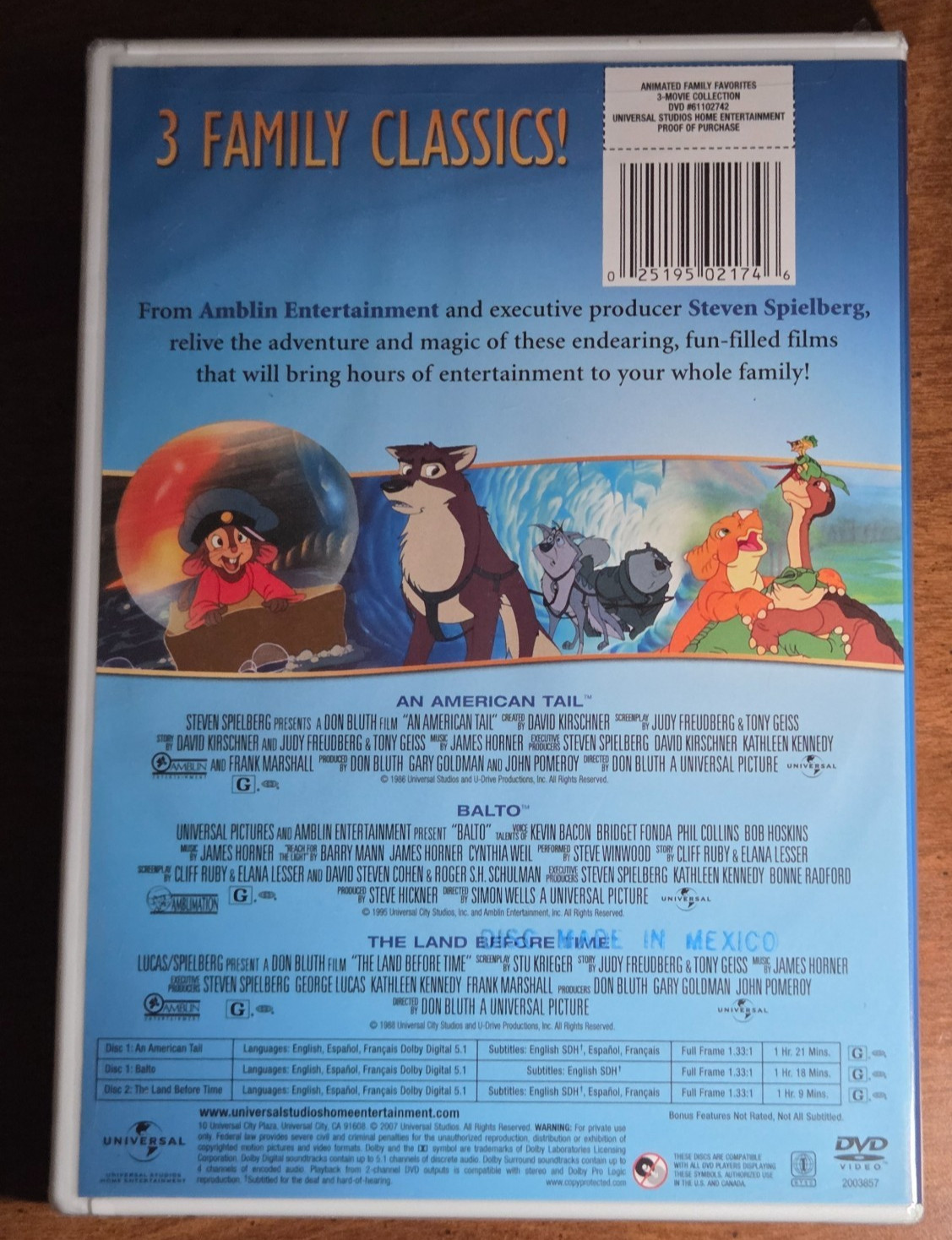 Amblin Entertainment Animated Family Favorites 3-Movie Collection DVD, 2007 New