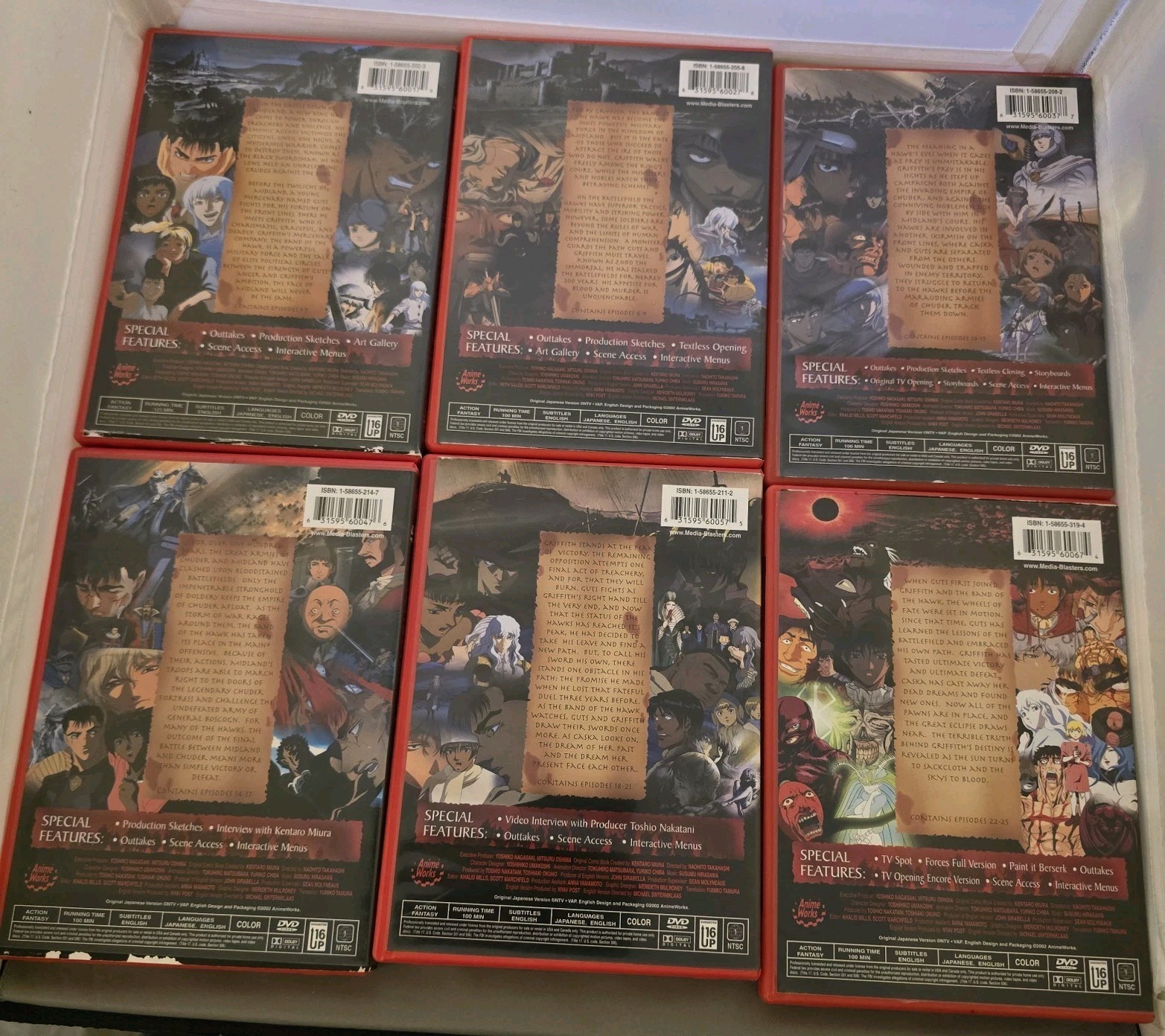 BERSERK Box of War Complete Series 2002 DVD Set Vol 1-6 AnimeWorks English, Red