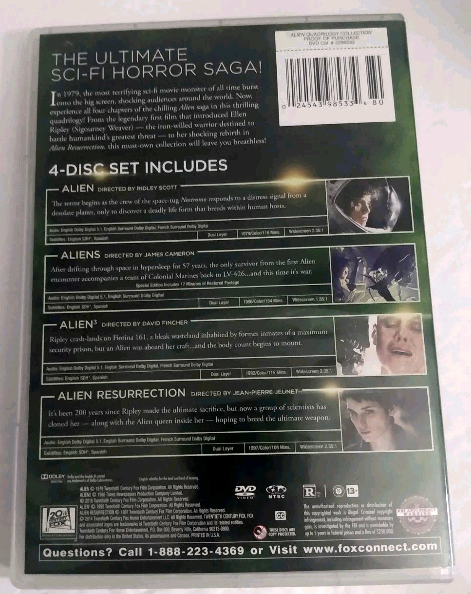 Alien: Quadrilogy (DVD) Sci-fi Horror Aliens, Alien 3, Resurrection Monster