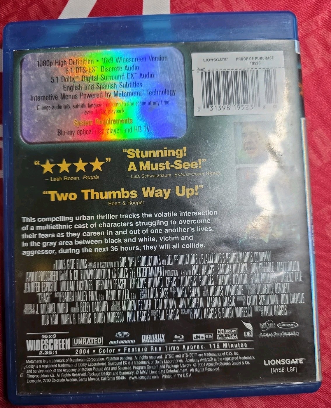Crash Unrated Version Blu-ray, 2004 115 Minutes Widescreen Urban Thriller