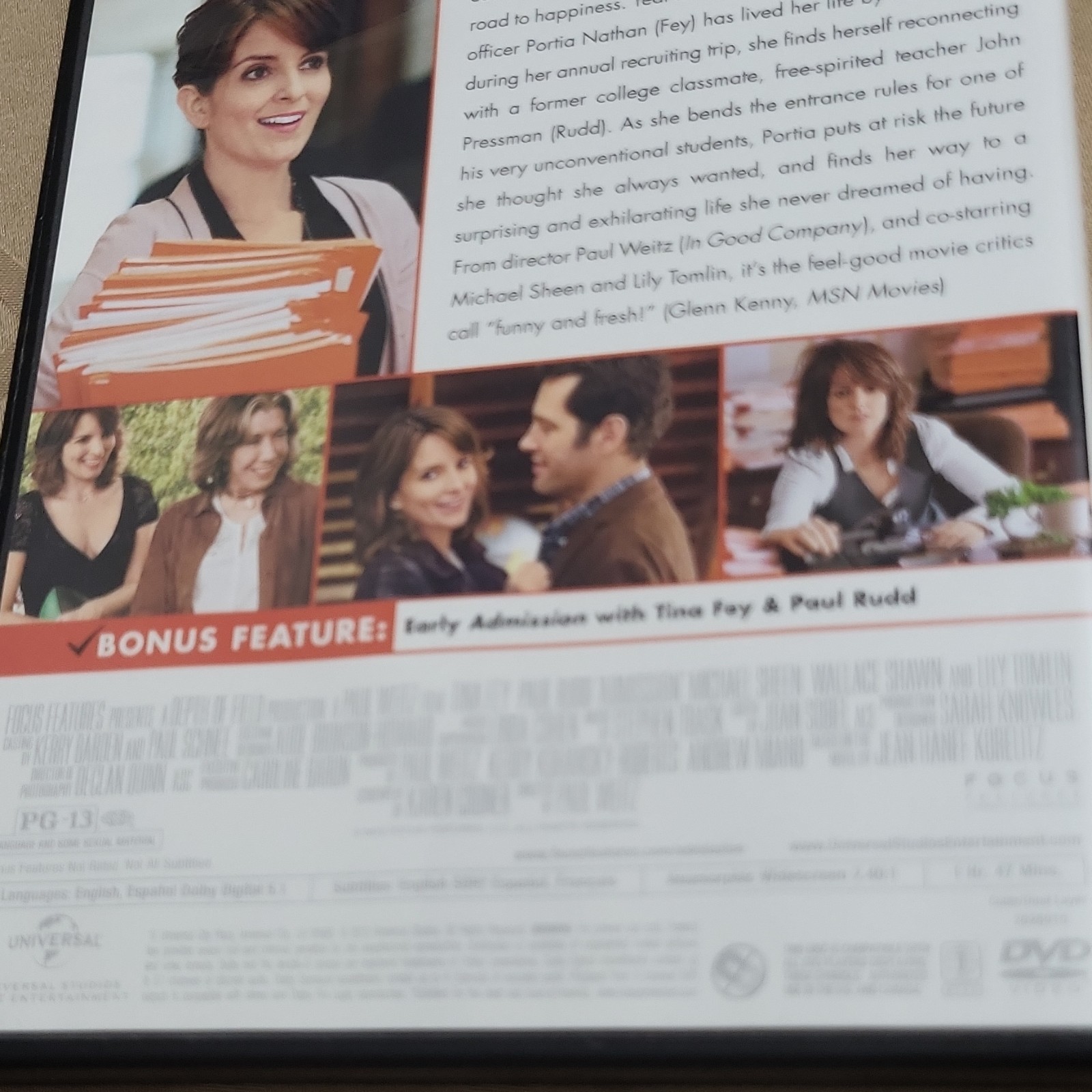 Focus Features Admission DVD Widescreen Bonus Feature PG-13 Tina Fey Paul Rudd