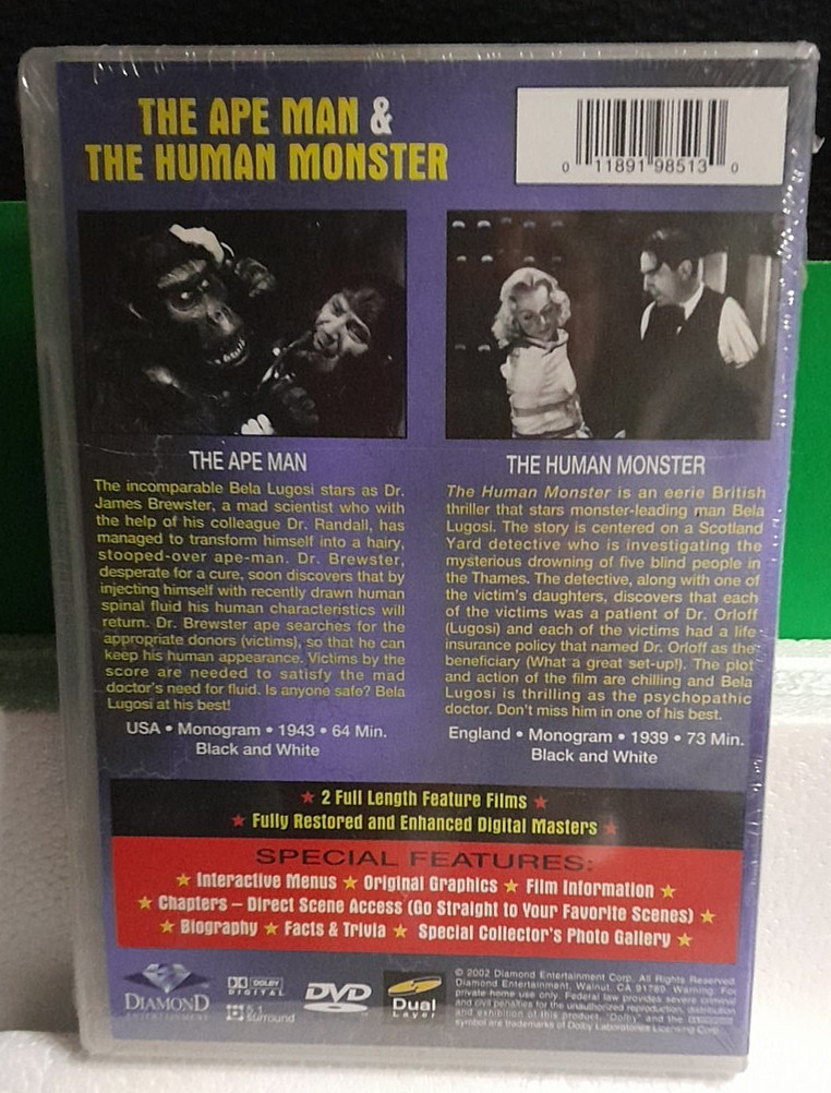 The Ape Man / The Human Monster – DVD By Bela Lugosi – BRAND NEW – DBL FEATURE