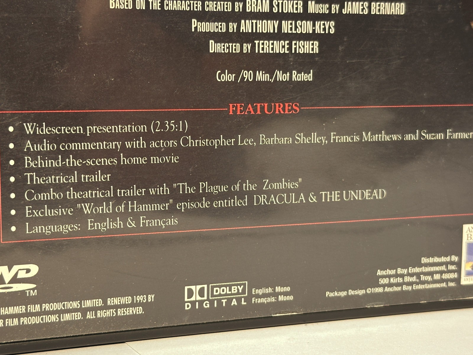 Dracula Prince of Darkness 1966 Christopher Lee ANCHOR BAY REGION 1 DVD 2 sided
