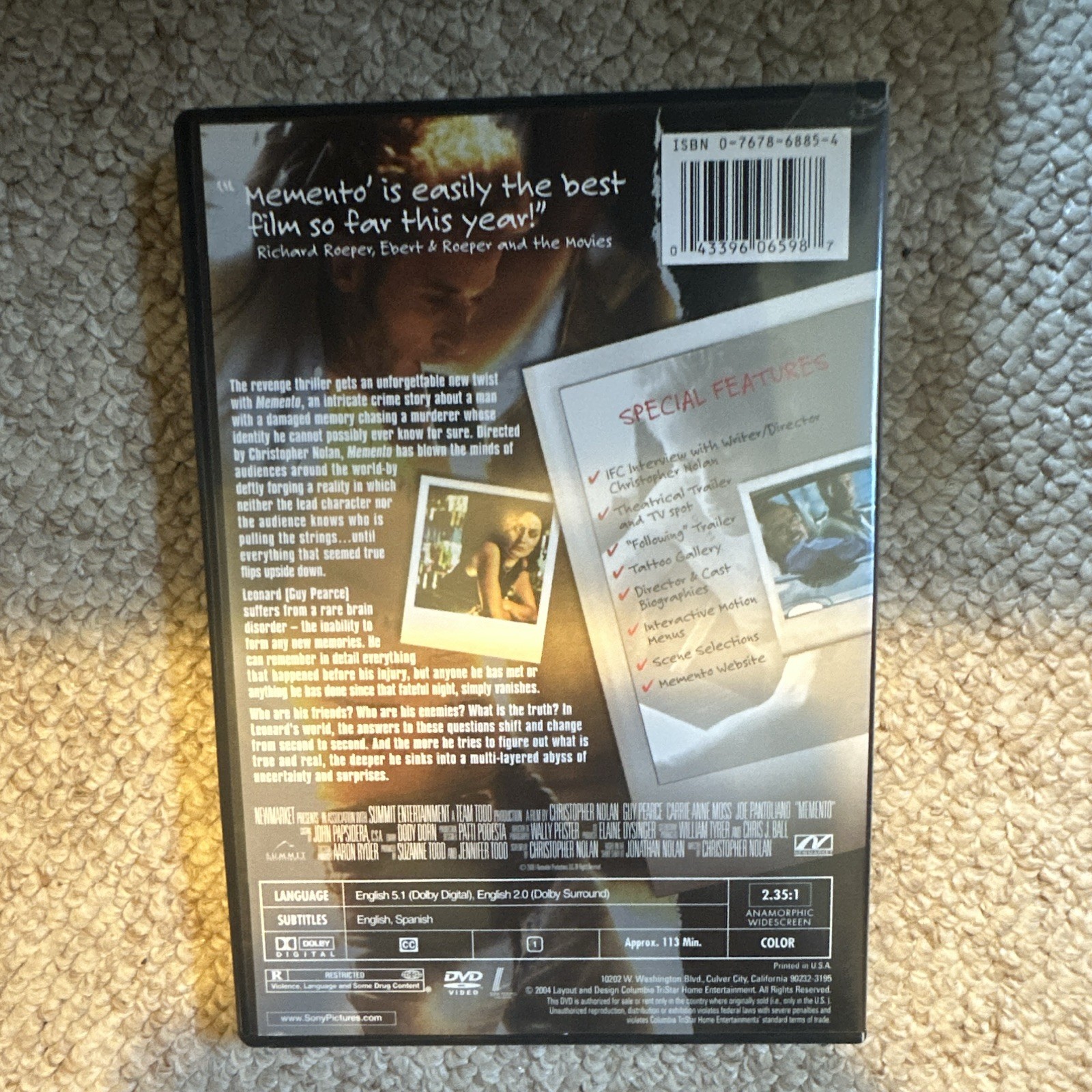 Memento DVD Anamorphic Widescreen R Eng/Spa Sony Pictures 2000 113 min