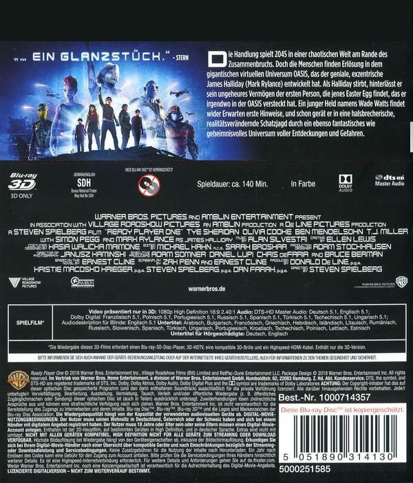 READY PLAYER ONE (2018) 3D Blu-Ray NEW (German Package has English Audio)
