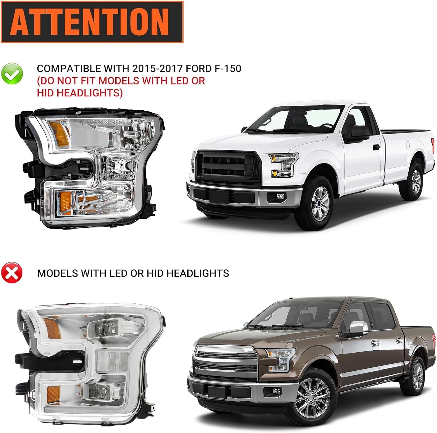 Headlight Assembly for 2015 2016 2017 Ford F150 with Chrome Housing Amber Reflec